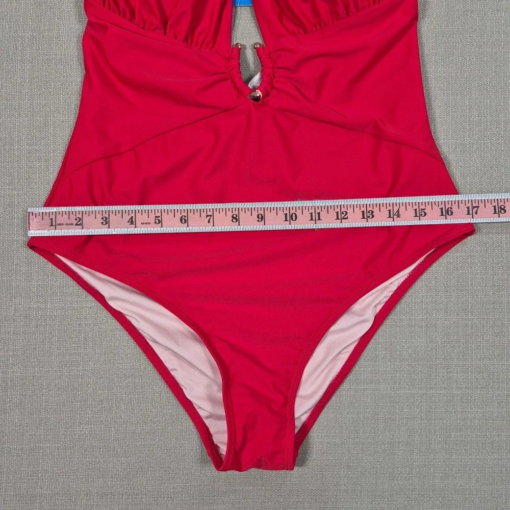 Cupshe Red Deep V Neck Ruched Halter One Piece‎ Swimsuit New Size L